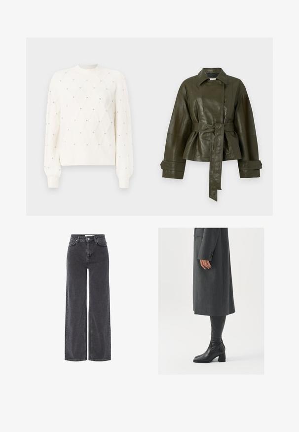 Olijfgroene leren jack met een ceintuur in de taille, brede mouwen en een klassieke kraag. Het heeft een gladde, glanzende textuur en een gep vakontworpen stijl.; Witte gebreide trui met een ruitpatroon, versierd met kleine rhinestones. Heeft een geribbelde ronde hals en lange mouwen.; Hoge taille zwarte denim jeans met brede pijpen, met een knoopsluiting, riemlussen en subtiele vervaging langs de stof.; Grijze, op maat gemaakte overjas met een rechte snit; gecombineerd met kniehoge zwarte leren laarzen met een vierkante neus en chunkyerand.