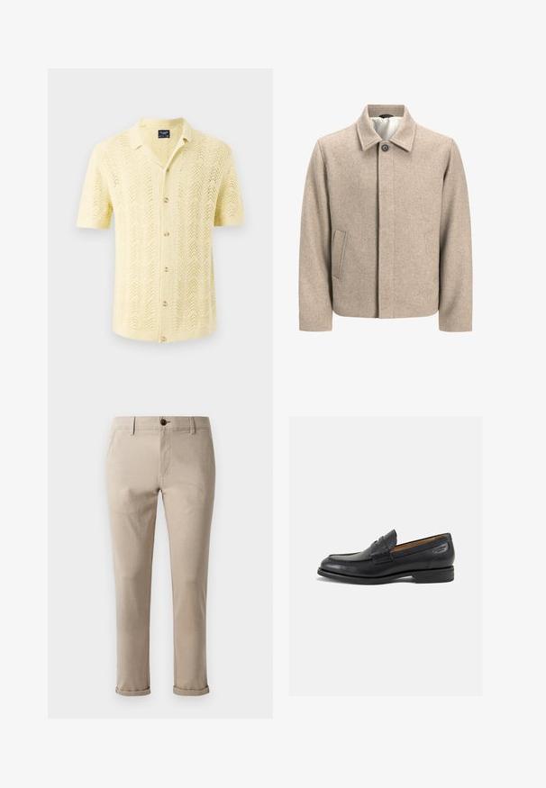 Beige uldjakke med en enkelt sort knap ved kraven, skjult frontlukning og skrå sidelommer, foret med let stof.; Kortærmet skjorte i lysegul strikket stof med bølget mønster og knaplukning, der har en krave og en afslappet pasform.; Jack & Jones JPSTMARCO FURY - Chino - atmosphere; Sorte læder loafers med en glat finish, rund tå og dekorativ syning på vampen. Lav stablet hæl og let glans.