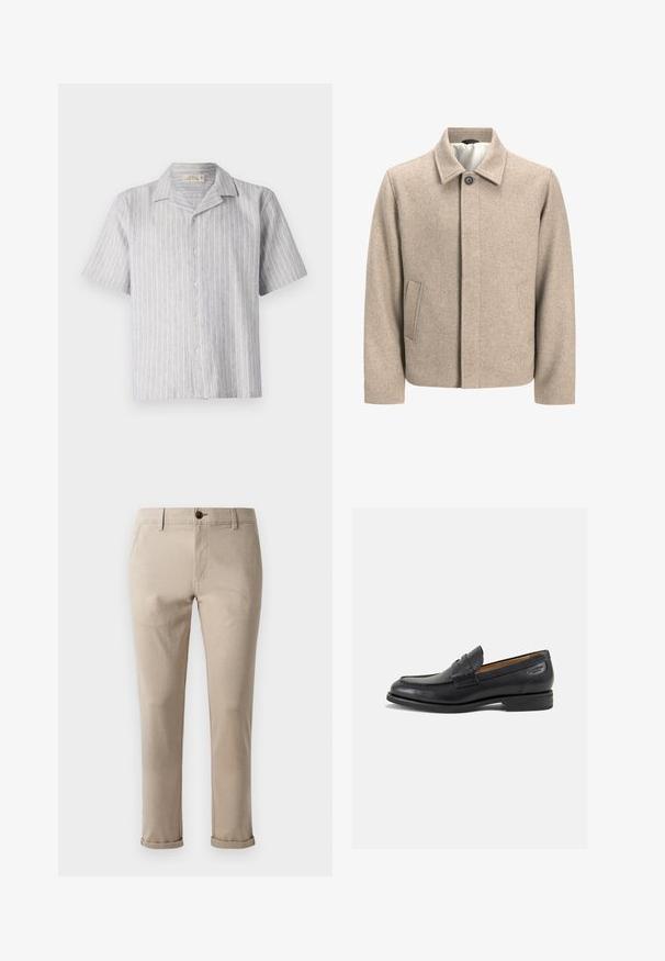 Giacca di lana beige con un singolo bottone nero al colletto, chiusura frontale nascosta e tasche laterali inclinate, foderata con tessuto leggero.; Camicia a maniche corte con bottoni in lino a righe blu chiaro e bianche. Presenta un colletto classico e un orlo dritto, con cinque bottoni sul davanti.; Jack & Jones JPSTMARCO FURY - Chino - atmosphere; Mocassini in pelle nera con finitura liscia, punta arrotondata e cuciture decorative sulla tomaia. Tacco basso impilato e leggero lucido.