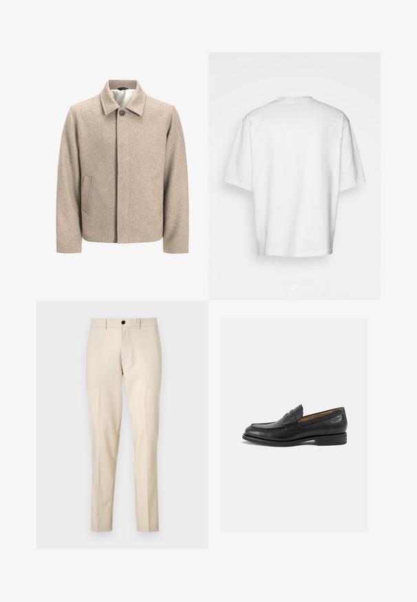 Beige Wolljacke mit einem einzelnen schwarzen Knopf am Kragen, verdecktem Frontverschluss und schrägen Seitentaschen, gefüttert mit einem leichten Stoff.; Weißes T-Shirt mit kurzen Ärmeln und rundem Ausschnitt, aus Baumwolle. Einfaches Design, ohne Muster oder Akzente, Rückansicht.; Beige maßgeschneiderte Hose mit glatter Textur, ausgestattet mit einem vorderen Knopfverschluss, flachem Schnitt und geraden Beinen. Keine sichtbaren Taschen.; Schwarze Leder Slipper mit glatter Oberfläche, runder Spitze und dekorativer Naht auf dem Vorderblatt. Niedriger Blockabsatz und leichter Glanz.