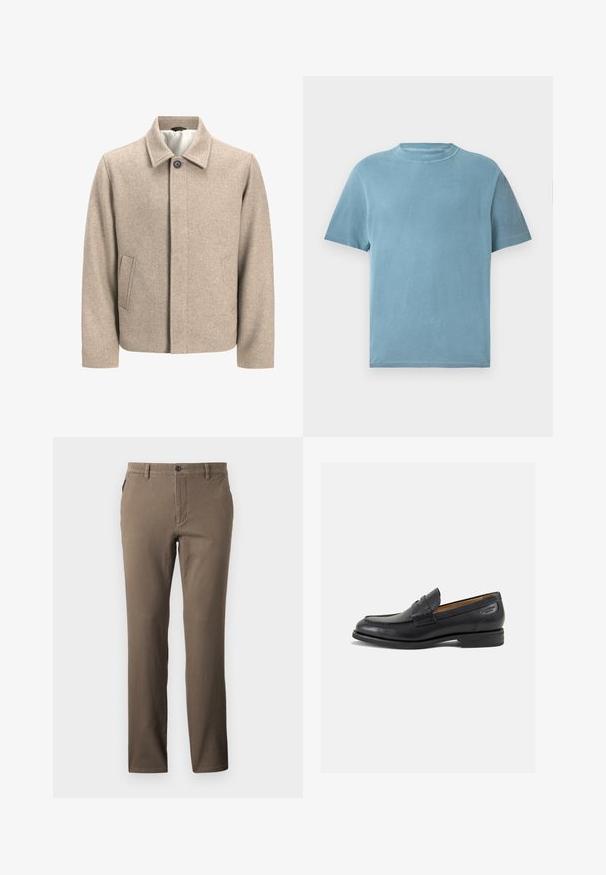Béžová vlněná bunda s jedním černým knoflíkem na límci, skrytým předním zapínáním a šikmými bočními kapsami, podšívkou z lehkého materiálu.; Tričko s krátkým rukávem a kulatým výstřihem ve světle modré barvě z bavlny. Textil vypadá měkký s hladkým povrchem a minimálními švy.; Hnědé kalhoty s rovnými nohavicemi vyrobené z bavlny s hladkou texturou, s předními kapsami a jednobutonovým zapínáním v pase.; Černé kožené mokasíny s hladkým povrchem, zaoblenou špičkou a dekorativním prošíváním na svršku. Nízký podpatka a mírný lesk.