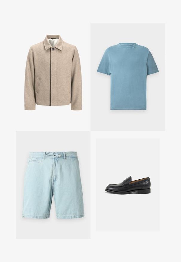 Šviesiai rudos vilnos švarkas su viena juoda kniedėle ant apykaklės, paslėptu priekiu ir šoninėmis kišenėmis, išklotas šviesiu audiniu.; Šviesiai mėlynas medvilninis marškinėliai trumpomis rankovėmis su apvalia iškirpte. Audinys atrodo minkštas, turi lygų paviršių ir minimalų siuvimo detalių kiekį.; Svetlai mėlyni džinsiniai šortai su elastinga juosta ir raišteliu, turintys šonines kišenes ir laisvą siluetą. Lygi tekstūra, kasdienis dizainas.; Juodi odiniai loafersai su lygiu paviršiumi, apvaliu pirštu ir dekoratyvine siūlė viršuje. Žemas sustiprintas kulnas ir lengvas blizgesys.