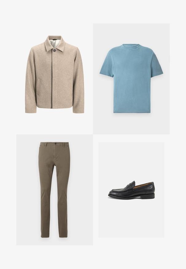 Kreem värvi villane jakk, millel on kaeluses üks must nööp, peidetud esine sulgemine ja kaldus küljetaskud, kaetud kerge kangaga.; Lühikeste varrukatega, ümmarguse kaelusega T-särk helesinisest puuvillast. Kanga peal on pehme tunne, sile tekstuur ja minimaalne õmblustetail.; Kitsad khaki püksid, millel on vööloopsud, eesnapp, lukuga kinnitamine ja küljetaskud, esitatud valgel taustal.; Mustad mustad nahast loafers, sujuva viimistlusega, ümar sirge ja dekoratiivne tikand peal. Madal ja kergelt kuhjatud konts ning kerge läige.