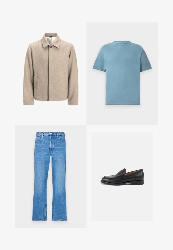 Jachetă bej din lână cu un singur buton negru la guler, închidere frontală ascunsă și buzunare laterale înclinate, căptușită cu un material ușor.; Tricou cu mânecă scurtă și guler rotund, de culoare albastru deschis, din bumbac. Țesătura pare moale, cu o textură netedă și detalii de cusătură minime.; Jeans albaștri, drepti, din denim cu un finisaj decolorat. Prezintă un sistem de închidere cu nasture, bucle pentru curea și un design standard cu cinci buzunare.; Mocasini din piele neagră cu o finisare netedă, vârf rotund și cusături decorative pe partea superioară. Toc mic și stivuit, cu o ușoară strălucire.