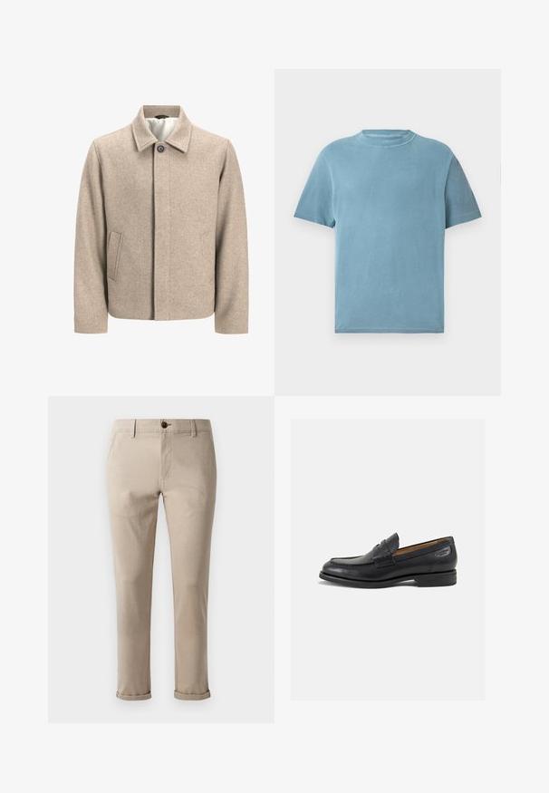 Veste en laine beige avec un seul bouton noir au col, fermeture frontale dissimulée et poches latérales en biais, doublée d'un tissu léger.; T-shirt à manches courtes et col rond en coton bleu clair. Le tissu semble doux avec une texture lisse et des coutures minimales.; Jack & Jones STMARCO FURY NOOS - Chino - atmosphere; Mocassins en cuir noir avec une finition lisse, bout rond et coutures décoratives sur la tige. Talon bas empilé et léger brillant.