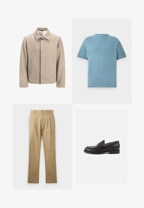 Béžový vlnený kabát s jedným čiernym gombíkom pri golieri, skrytým predným zapínaním a šikmými bočnými vreckami, podšitý svetlou tkaninou.; Tričko s krátkym rukávom a okrúhlym výstrihom vo svetlomodrej farbe z bavlny. Tkanina pôsobí jemne s hladkým povrchom a minimálnymi švovými detailmi.; Béžové chinos nohavice so straight strihom, skladaným predným dielom a zapínaním na gombík. Hladká textura a štandardný dizajn pásu.; Čierne kožené mokasíny s hladkým povrchom, zaoblenou špičkou a dekoratívnym prešívaním na prednej časti. Nízky kokteilový opätok a jemný lesk.
