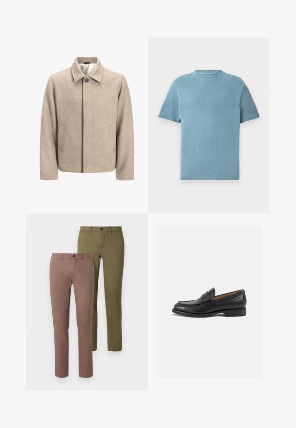 Beige wool jacket with a single black button at the collar, concealed front closure, and slanted side pockets, lined with light fabric.; Short-sleeve, crew-neck t-shirt in light blue cotton. The fabric appears soft with a smooth texture and minimal stitching detail.; Two pairs of slim-fit pants: one in a muted brown and the other in olive green. Both feature clean lines and standard waistbands with buttons.; Black leather loafers with a smooth finish, rounded toe, and decorative stitching on the vamp. Low stacked heel and slight shine.