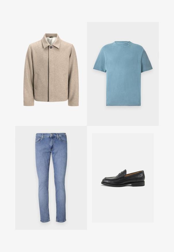 Beige ulljakke med en enkelt svart knapp ved kragen, skjult frontlukking og skrå sidelommer, foret med lett stoff.; Kortermet t-skjorte med rund hals i lys blå bomull. Tøyet ser mykt ut med en jevn tekstur og minimal sømdetalj.; Lyseblå denimjeans med slim fit. Har fem lommer, frontlukking med knapp og minimalt sømdetalj. Glatt tekstur.; Sorte lær loafers med en glat overflade, rund tå og dekorativ syning på forfoden. Lav stablet hæl og let glans.