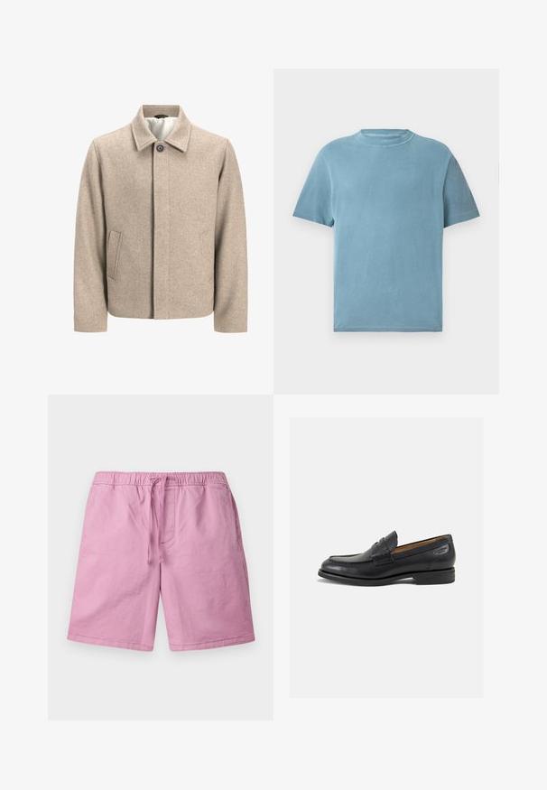 Beige vilnas jaka ar vienu melnu pogu pie apkakles, slēptu priekšējo aizdari un slīpām sānu kabatām, odere izgatavota no viegla auduma.; Īsām piedurknēm, apaļas kakla t-krekls gaismas zilā kokvilnā. Audums izskatās mīksts ar gludu tekstūru un minimālām šuvju detaļām.; Gaiši rozā šorti, izgatavoti no mīksta materiāla, ar elastīgu jostu un auklu, un sānu kabatām. Taisnas formas kājas, bez rakstiem.; Melnas ādas loafers ar gludu apdari, noapaļotu purngalu un dekoratīvām šuvēm uz virsu. Zems, sakrauta papēža un neliels spīdums.