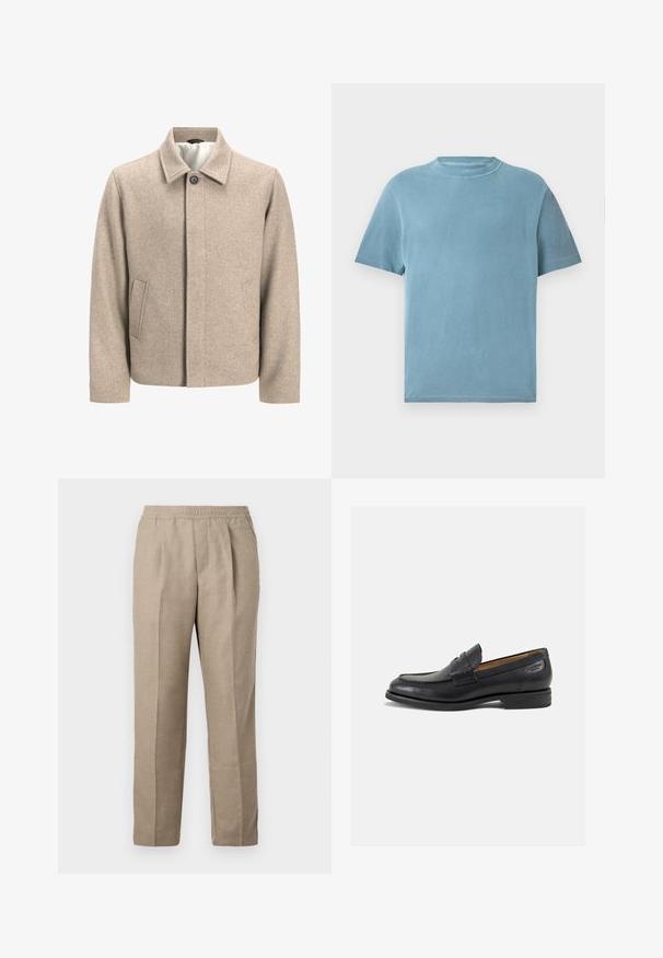Bezs színű gyapjú dzseki egy fekete gombbal a gallérnál, rejtett elülső zárással és ferde oldalsó zsebekkel, világos szövettel bélelve.; Rövid ujjú, kerek nyakú póló világoskék pamutból. Az anyag puhanak tűnik, sima textúrával és minimális varrással.; Beige, laza szabású nadrág, rugalmas derékkal, egyenes lábakkal és két elülső pliszével. Texturált, szőtt anyagból készült.; Fekete bőr loaferek sima felülettel, lekerekített orral és díszítő varrással a lábfejen. Alacsony, réteges sarkú és enyhe fényű.