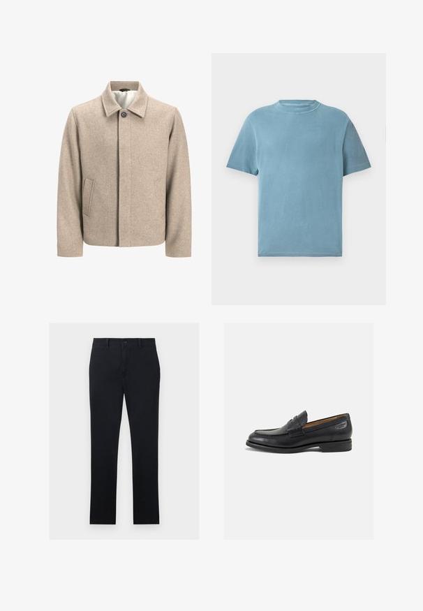 Šviesiai rudos vilnos švarkas su viena juoda kniedėle ant apykaklės, paslėptu priekiu ir šoninėmis kišenėmis, išklotas šviesiu audiniu.; Šviesiai mėlynas medvilninis marškinėliai trumpomis rankovėmis su apvalia iškirpte. Audinys atrodo minkštas, turi lygų paviršių ir minimalų siuvimo detalių kiekį.; Juodi chinos leidžiami iš medvilnės, pasižymintys tiesiomis kojomis, priekiniais mygtukais ir dviem šoniniais kišenėmis. Sklandus paviršius, minimalus apdaila.; Juodi odiniai loafersai su lygiu paviršiumi, apvaliu pirštu ir dekoratyvine siūlė viršuje. Žemas sustiprintas kulnas ir lengvas blizgesys.