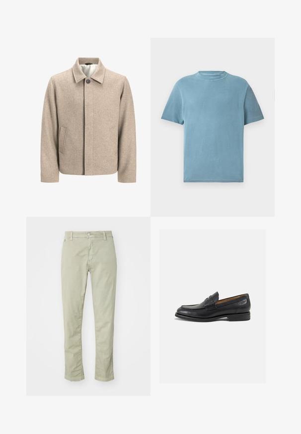 Beige wool jacket with a single black button at the collar, concealed front closure, and slanted side pockets, lined with light fabric.; Short-sleeve, crew-neck t-shirt in light blue cotton. The fabric appears soft with a smooth texture and minimal stitching detail.; Light green cotton trousers with a slim fit, featuring a button closure, five-pocket design, and subtle stitching details.; Black leather loafers with a smooth finish, rounded toe, and decorative stitching on the vamp. Low stacked heel and slight shine.