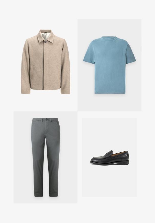 Béžový vlnený kabát s jedným čiernym gombíkom pri golieri, skrytým predným zapínaním a šikmými bočnými vreckami, podšitý svetlou tkaninou.; Tričko s krátkym rukávom a okrúhlym výstrihom vo svetlomodrej farbe z bavlny. Tkanina pôsobí jemne s hladkým povrchom a minimálnymi švovými detailmi.; Sivé bavlnené chino nohavice s úzkym strihom, predným zapínaním na gombík, dvoma bočnými vreckami a hladkou textúrou. Elegantný dizajn.; Čierne kožené mokasíny s hladkým povrchom, zaoblenou špičkou a dekoratívnym prešívaním na prednej časti. Nízky kokteilový opätok a jemný lesk.