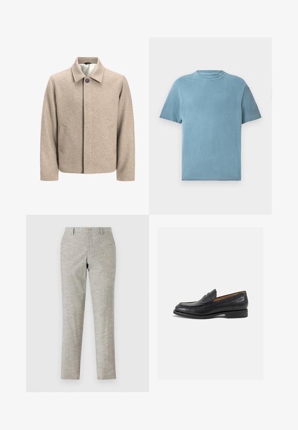 Bežna volnena jakna s enim črnim gumbom pri ovratniku, skrito sprednje zapiranje in poševnimi stranskimi žepi, podložena z lahkotno tkanino.; T-maica s kratkimi rokavi in ovratnikom v svetlo modri barvi iz bombaža. Tkanina deluje mehka z gladko teksturo in minimalnimi šivi.; Svetlo sivi hlače z teksturirano tkanino, z ravnim sprednjim delom, zadrgo in enim gumbom za zapiranje. Prilagojen slim fit z ravnimi nogavicami.; Črne usnjene loafers cipele z gladko površino, zaobljenim nosom in dekorativnim šivom na vampu. Nizek zloženi peti in rahla sijaj.