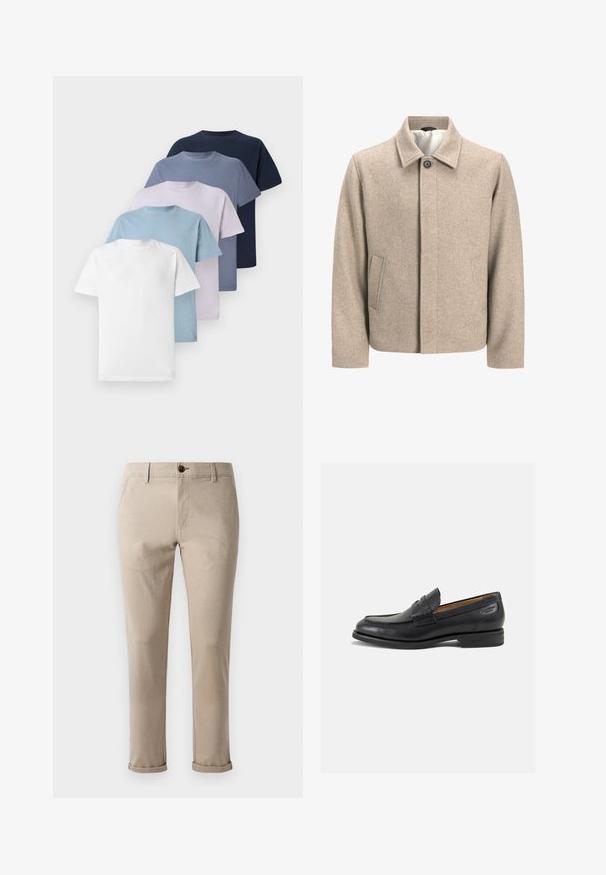 Beige wool jacket with a single black button at the collar, concealed front closure, and slanted side pockets, lined with light fabric.; Five crew-neck t-shirts in varying colors: white, light blue, light purple, dark blue, and navy. Made of cotton with short sleeves.; Jack & Jones STMARCO FURY NOOS - Chinos - atmosphere; Black leather loafers with a smooth finish, rounded toe, and decorative stitching on the vamp. Low stacked heel and slight shine.