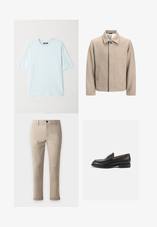Beige wool jacket with a single black button at the collar, concealed front closure, and slanted side pockets, lined with light fabric.; Light blue short-sleeve t-shirt with a crew neck, made from soft fabric. Features a relaxed fit and smooth texture without patterns or accents.; Jack & Jones Chinos - atmosphere; Black leather loafers with a smooth finish, rounded toe, and decorative stitching on the vamp. Low stacked heel and slight shine.