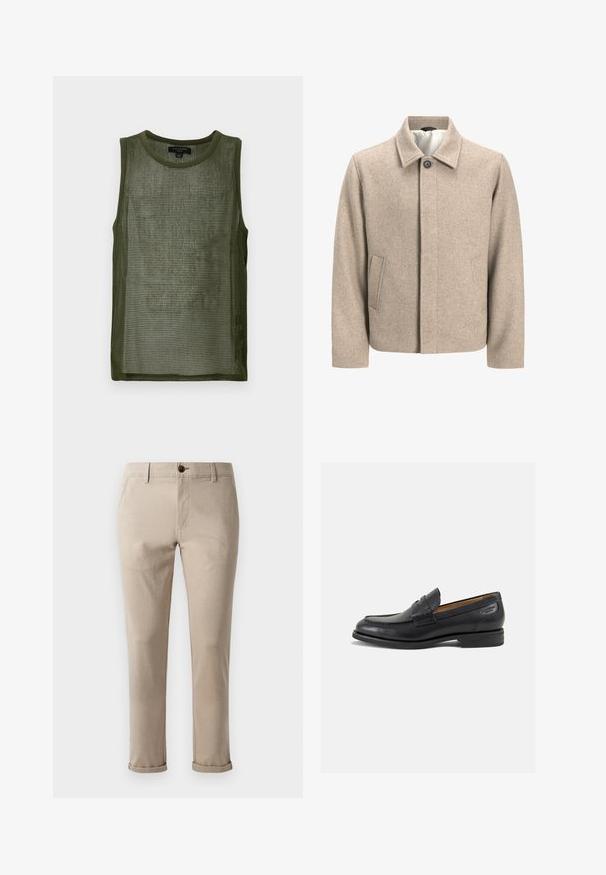 Beige ulljakke med en enkelt svart knapp ved kragen, skjult frontlukking og skrå sidelommer, foret med lett stoff.; Olivenfarget mesh tank top med rund hals, uten ermer og teksturert stoff som har et rutenettmønster gjennom hele.; Jack & Jones Chinos - atmosphere; Sorte lær loafers med en glat overflade, rund tå og dekorativ syning på forfoden. Lav stablet hæl og let glans.