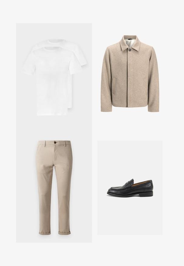 Beige wol jack met een enkele zwarte knop op de kraag, verborgen sluiting aan de voorkant en schuine zijzakken, gevoerd met lichte stof.; Twee effen witte katoenen T-shirts met korte mouwen, ronde halslijnen en een gladde, zachte textuur, licht verspringend opgestapeld.; Jack & Jones JPSTMARCO FURY - Chino - atmosphere; Zwarte leren loafers met een gladde afwerking, ronde neus en decoratieve stiksels op de wreef. Lage gestapelde hak en een lichte glans.