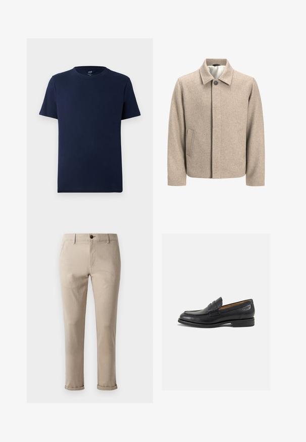Giacca di lana beige con un singolo bottone nero al colletto, chiusura frontale nascosta e tasche laterali inclinate, foderata con tessuto leggero.; T-shirt in cotone blu navy a maniche corte e collo rotondo, con un piccolo logo GAP stampato all'interno del colletto.; Jack & Jones JPSTMARCO FURY - Chino - atmosphere; Mocassini in pelle nera con finitura liscia, punta arrotondata e cuciture decorative sulla tomaia. Tacco basso impilato e leggero lucido.