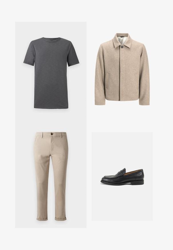 Bezs színű gyapjú dzseki egy fekete gombbal a gallérnál, rejtett elülső zárással és ferde oldalsó zsebekkel, világos szövettel bélelve.; Szürke, rövid ujjú póló, fehér háttér előtt kiemelve, kerek nyakkivágással és egyszerű, laza designnal.; Jack & Jones STMARCO FURY NOOS - Vászonnadrágok - atmosphere; Fekete bőr loaferek sima felülettel, lekerekített orral és díszítő varrással a lábfejen. Alacsony, réteges sarkú és enyhe fényű.