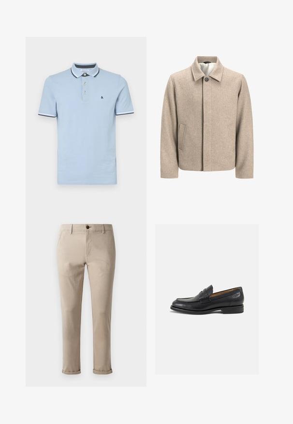 Μπεζ μάλλινο σακάκι με ένα μόνο μαύρο κουμπί στον γιακά, κρυφή μπροστινή σφράγιση και λοξά πλάγια τσέπες, επενδυμένο με ελαφρύ ύφασμα.; Ανοιχτό μπλε πόλο πουκάμισο κατασκευασμένο από βαμβάκι, με τριπλό κουμπί, αντίθετο γιακά και ριγέ μανσέτες με σκούρο μπλε λεπτομέρειες.; Jack & Jones JPSTMARCO FURY - Chinos - atmosphere; Μαύρα δερμάτινα loafers με λείο φινίρισμα, στρογγυλή μύτη και διακοσμητική ραφή στη μπροστινή πλευρά. Χαμηλός σωρός και ελαφριά γυαλάδα.