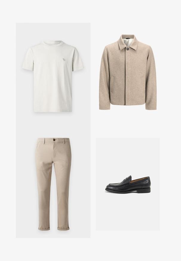 Bezs színű gyapjú dzseki egy fekete gombbal a gallérnál, rejtett elülső zárással és ferde oldalsó zsebekkel, világos szövettel bélelve.; Rövid ujjú póló világos bézs pamutból, bal mellen egy kis hímzett szarvaslogóval. Kerek nyakú, standard szabású.; Jack & Jones STMARCO FURY NOOS - Vászonnadrágok - atmosphere; Fekete bőr loaferek sima felülettel, lekerekített orral és díszítő varrással a lábfejen. Alacsony, réteges sarkú és enyhe fényű.