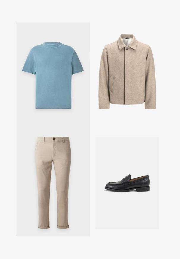 Bezs színű gyapjú dzseki egy fekete gombbal a gallérnál, rejtett elülső zárással és ferde oldalsó zsebekkel, világos szövettel bélelve.; Rövid ujjú, kerek nyakú póló világoskék pamutból. Az anyag puhanak tűnik, sima textúrával és minimális varrással.; Jack & Jones STMARCO FURY NOOS - Vászonnadrágok - atmosphere; Fekete bőr loaferek sima felülettel, lekerekített orral és díszítő varrással a lábfejen. Alacsony, réteges sarkú és enyhe fényű.