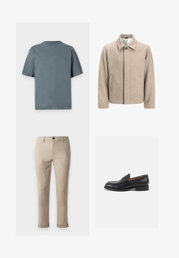 Beige wool jacket with a single black button at the collar, concealed front closure, and slanted side pockets, lined with light fabric.; Grey cotton t-shirt with short sleeves, crew neckline, and a relaxed fit. Smooth texture, minimal design, and no visible patterns or hardware.; Jack & Jones JPSTMARCO FURY - Chinos - atmosphere; Black leather loafers with a smooth finish, rounded toe, and decorative stitching on the vamp. Low stacked heel and slight shine.