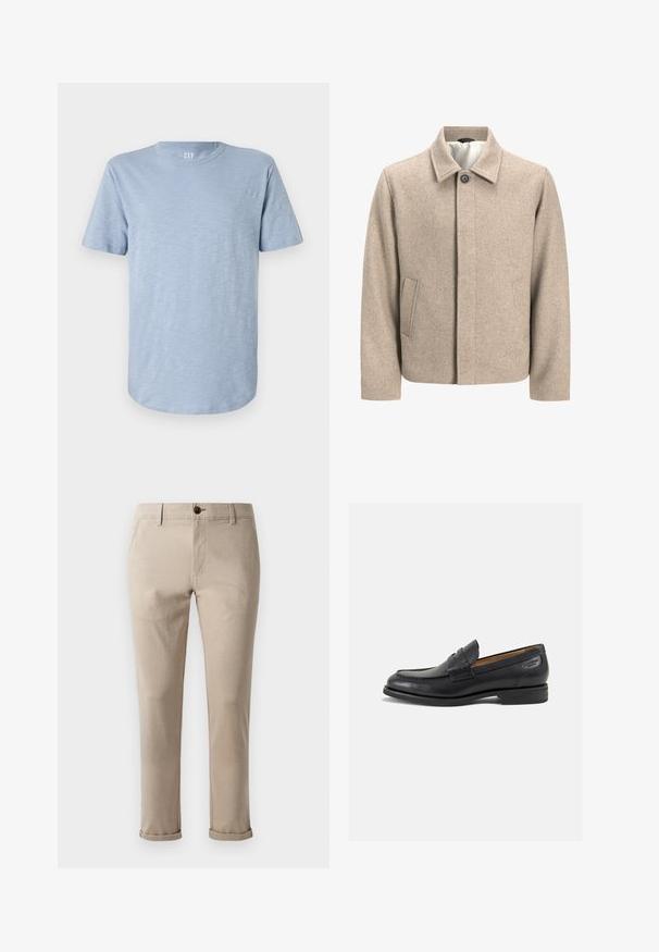 Beige uldjakke med en enkelt sort knap ved kraven, skjult frontlukning og skrå sidelommer, foret med let stof.; Lys blå kortærmet T-shirt lavet af blødt stof, med rund hals og en lige kant med en subtil tekstur.; Jack & Jones JPSTMARCO FURY - Chino - atmosphere; Sorte læder loafers med en glat finish, rund tå og dekorativ syning på vampen. Lav stablet hæl og let glans.