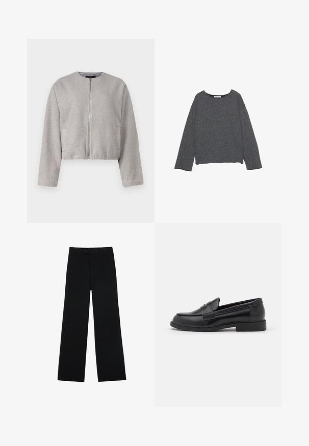 Szürke, rövidített dzseki, puha, texturált anyagból készült, kerek nyakkivágással, elöl cipzárral és két oldalsó zsebbel.; Szürke, hosszú ujjú felső, kerek nyakkivágással és leengedett vállakkal. Puha, textúrájú anyagból készült, laza szabással és cropped aljjal.; Fekete, bő szárú nadrág sima anyagból, elülső gombzárral és két pliszírozással a részletek hangsúlyozásáért. Összességében szabott dizájn.; Fekete bőr loaferek sima textúrával, kerek orral, varrott részletezéssel a felső részen és alacsony, lapos gumitalppal.