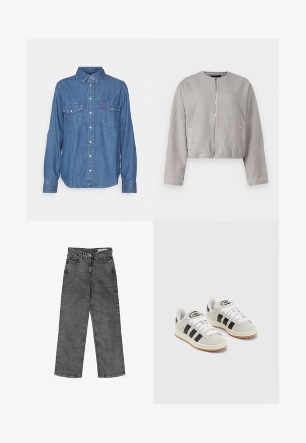 Giacca corta grigia realizzata in un tessuto morbido e testurizzato, con scollatura rotonda, chiusura frontale con zip e due tasche laterali.; Camicia in denim blu con bottini, maniche lunghe, due tasche sul petto e colletto. Presenta un logo Levi's sulla tasca sinistra.; Jeans dritti a vita alta neri lavati, con tasche frontali, passanti per la cintura, chiusura con bottone e etichetta interna con brand.; Sneakers in suede grigio con lacci bianchi, strisce nere e suola in gomma bianca. Presentano un logo circolare sulla linguetta e una suola in gomma.