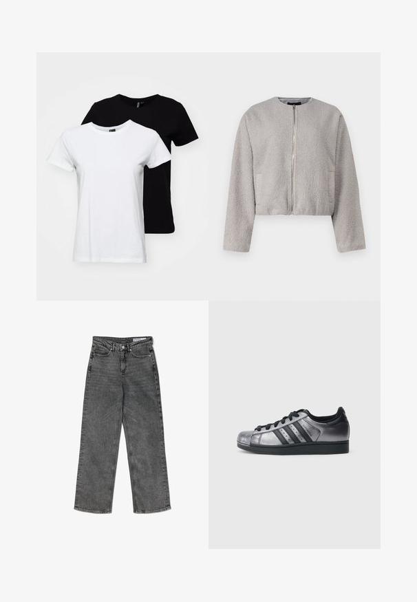 Grey cropped jacket made of soft, textured fabric, featuring a round neckline, front zipper closure, and two side pockets.; Two short-sleeve t-shirts: one white and one black. Made of cotton, featuring a classic crew neck design with a smooth texture.; High-waisted black washed straight-leg jeans with front pockets, belt loops, button closure, and a branded inner waistband label.; Black and metallic silver sneakers with a rounded toe, three black stripes, and a textured upper. Black laces and rubber sole.