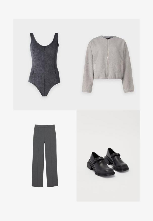 Jachetă gri scurtă fabricată dintr-un material moale și texturat, având un decolteu rotund, închidere cu fermoar în față și două buzunare laterale.; Costum de baie negru, dintr-o singură piesă, cu decolteu rotund, bretele late și un material moale, texturat. Prezintă cusături verticale pentru un fit structurat.; Pantaloni gri dintr-un material texturat, cu un design cu picior drept și plice frontale. Fără detalii vizibile ale taliei sau accesorii metalice.; Pantofi din piele neagră cu vârf rotunjit, talpă plată și o curea cu detaliu de cataramă. Toc gros pentru o stabilitate suplimentară.