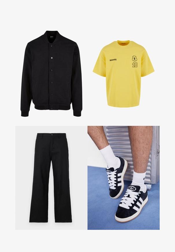 Black bomber jacket made of soft fabric with a collarless design, snap button closure, and two side pockets. Features ribbed cuffs and hem.; Yellow cotton T-shirt with a round neck, short sleeves, featuring black printed text "Reternity" and the numbers "18" with a decorative accent.; Black straight-leg pants made from cotton, featuring a button closure and belt loops. Smooth texture with no visible patterns or accents.; Black suede sneakers with white laces and three white stripes. Features a circular black logo on the tongue and a gum rubber sole.