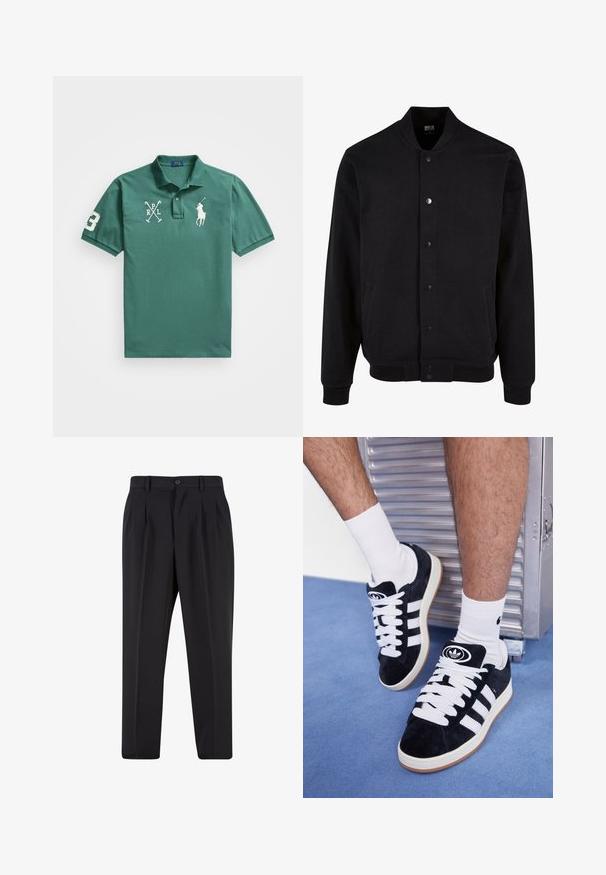Chaqueta bomber negra confeccionada en tejido suave con un diseño sin cuello, cierre de botones a presión y dos bolsillos laterales. Presenta puños y dobladillo acanalados.; Polo de algodón verde con cuello clásico, mangas cortas, y logos bordados y número en el frontal y la manga.; Pantalones negros con un diseño de frente plisado, hechos de una tela suave. Cuentan con un cierre de botón y pasadores para cinturón; corte recto.; Zapatillas de ante negras con cordones blancos y tres rayas blancas. Presentan un logotipo circular negro en la lengüeta y una suela de goma color caramel.