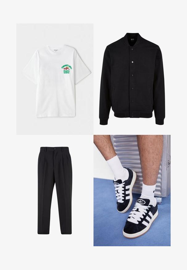 Juodas bomberis, pagamintas iš minkštos medžiagos, be apykaklės, su užsegimu mygtukais ir dviem šoninėmis kišenėmis. Su įsiūtomis rankogaliais ir apačia.; Balta medvilninė marškinėlių su trumpomis rankovėmis, kuriuose kairėje krūtinės pusėje yra žaliai raudonas grafikos tekstas "cashart Who Pronto Subito."; Juodi kelnių su raukšlėtu priekiu dizainu, pagaminti iš lygaus audinio. Su mygtuko užsegimu ir diržo kilpomis; tiesios kojų formos.; Juodos zomšos sportbačiai su baltais raišteliais ir trimis baltais dryžiais. Ant liežuvėlio yra apvalus juodas logotipas, o pado medžiaga – guminė.