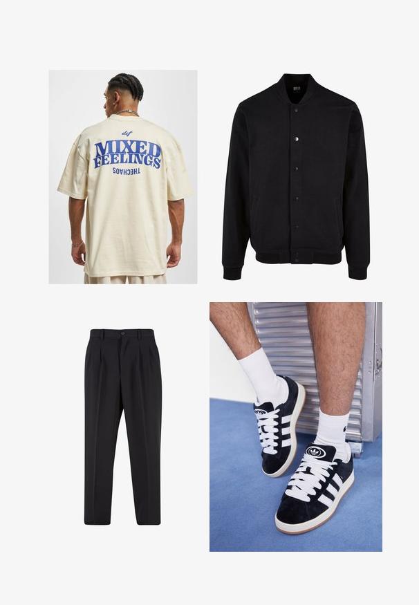 Černá bomber bunda vyrobená z měkké tkaniny bez límce, s uzávěrem na patentky a dvěma bočními kapsami. Obsahuje žebrované manžety a lem.; DEF MIXED - Triko s potiskem - beige; Černé kalhoty s plisovaným předním designem, vyrobené z hladké tkaniny. Obsahují zapínání na knoflík a poutka na opasek; rovný střih.; Černé semišové tenisky s bílými tkaničkami a třemi bílými pruhy. Mají kulatou černou logo na jazyku a gumovou podrážku.