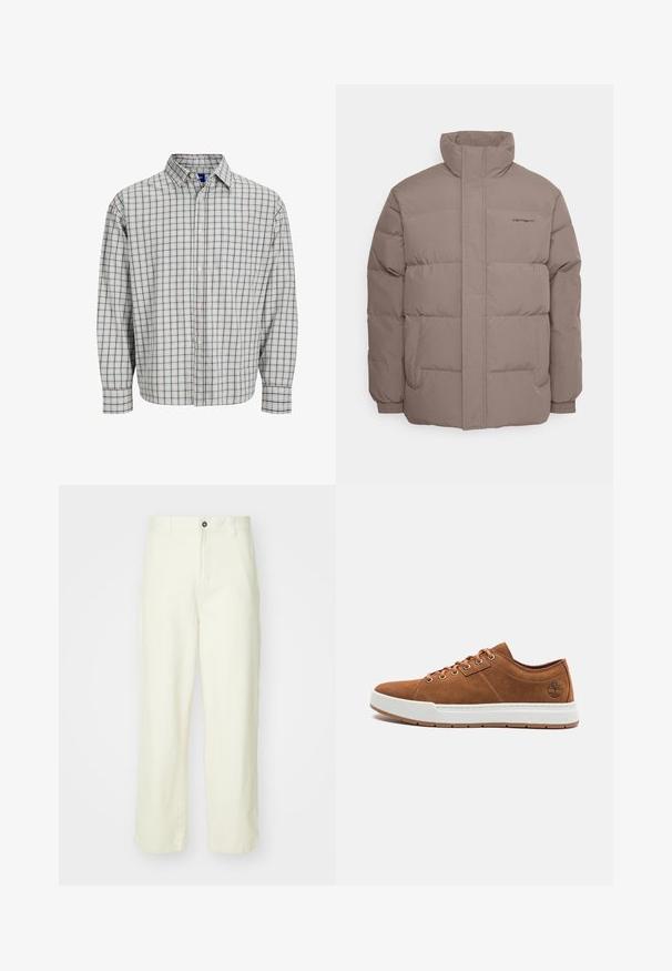 Giubbotto imbottito, colore marrone chiaro, realizzato in tessuto liscio, presenta un colletto alto, due tasche laterali e dettagli di cucitura sottili.; Camicia a maniche lunghe con bottoni, caratterizzata da un motivo a quadri blu chiaro e marrone, con taschino sul petto e colletto arrotondato. Materiale in misto cotone.; Pantaloni in cotone giallo chiaro a gamba dritta, con chiusura frontale a bottone, passanti per cintura e un design pulito e minimalista.; Sneakers in suede marrone con suola in gomma bianca, punta rotonda, sei occhielli in metallo e dettaglio del logo in rilievo sul lato. Design classico con lacci.