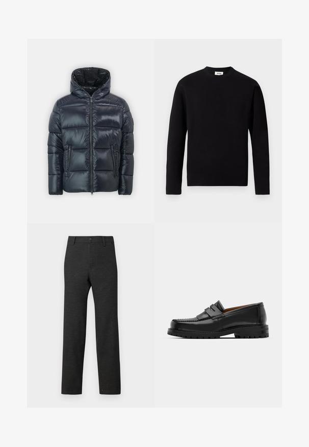 Nafouklý tmavě námořnický modrý kabát s kapucí, který má lesklý povrch, zapínání na zip v přední části a dvě boční kapsy na zip.; Černý svetr s dlouhým rukávem a kulatým výstřihem vyrobený z měkké tkaniny. Obsahuje kapsu na levé straně hrudi a rovný lem s minimálními texturálními detaily.; Tmavě šedé kalhoty z tkané látky, s rovnými nohavicemi, poutky na pásek a jednobodovým zapínáním v pase.; Černé kožené mokasíny mají zvýšený šev, dvě dekorativní pásky na svršku a silnou strukturovanou podrážku pro lepší přilnavost.