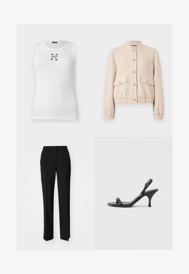 Cream tweed bomber jacket with a round ribbed collar, silver buttons, two front pockets, and ribbed cuffs and hem.; White tank top with a ribbed texture, round neckline, and black embroidered logo at the center, featuring butterfly accents.; Black tailored trousers with a straight-leg design, featuring a smooth texture and crisp creases along the front. No visible hardware.; Black leather high-heeled sandals with a slim, curved heel and a crossed strap design. Adjustable ankle strap. Smooth texture.