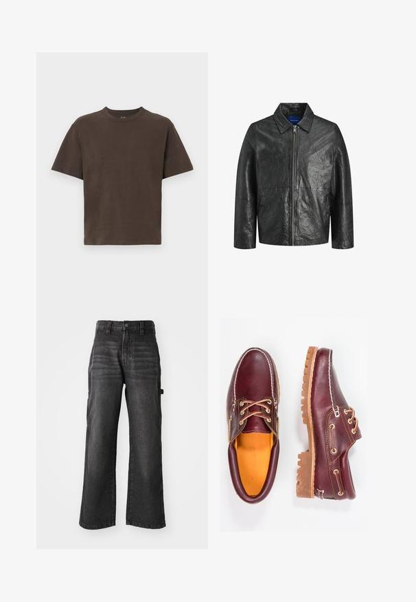 Zwarte leren jack met een gekreukt textuur, ritssluiting en een kraag. Beschikt over lange mouwen en zijzakken.; Bruine katoenen t-shirt met korte mouwen en een ronde hals. Glad textuur, minimalistisch ontwerp, geen patronen of extra details.; Wijdvallende zwarte denim broek gemaakt van zachte katoen met een vervaagde afwerking. Heeft een sluiting met een knoop aan de voorkant en zijzakken.; Bordeaux leren schoenen met bruine rubberen zolen, ronde neus, witte stiksels en gouden veterogen. Het interieur heeft een gele voering.