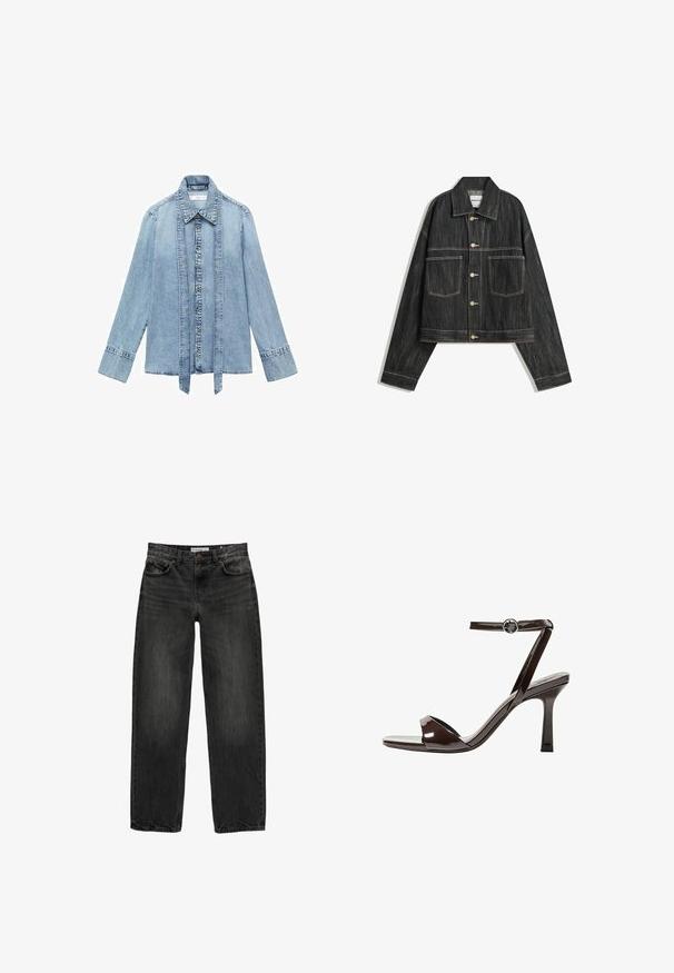 Black denim jacket with a cropped design, two front pockets, and gold-colored buttons. Features contrasting white stitching along seams.; Light blue denim long-sleeve shirt with front button closure, pointed collar, and extended vertical denim straps hanging along the button line.; Black denim jeans with a relaxed fit, straight leg, five-pocket design, and a slightly faded texture. Button and zipper closure at the front.; Brown patent leather high-heeled sandal with an ankle strap, open toe, and a sleek, minimalist design. Features a square heel.