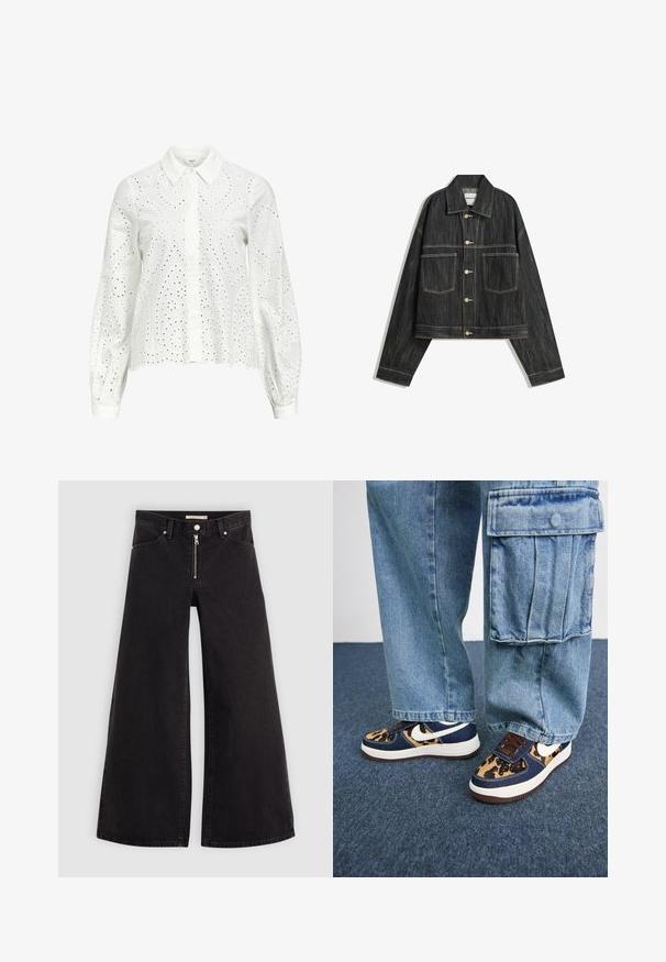 Zwarte denim jas met een cropped ontwerp, twee voorkantzakken en gouden knopen. Kenmerkt zich door contrasterende witte stiksels langs de naden.; Witte lange mouwen blouse met een gekraagde halslijn, voorzien van oogjes borduursel in een paisleypatroon en knoopsluiting aan de voorkant.; Wijdvallende jeans van zwarte denim met een ritssluiting aan de voorkant, vijf zakken en subtiele stikdetails. Soepele textuur en casual stijl.; Marineblauwe sneakers met een luipaardprint-accent, witte Nike swoosh, bruine veters en een witte tussenzool. Gepaarde met lichte denim cargo-broeken.