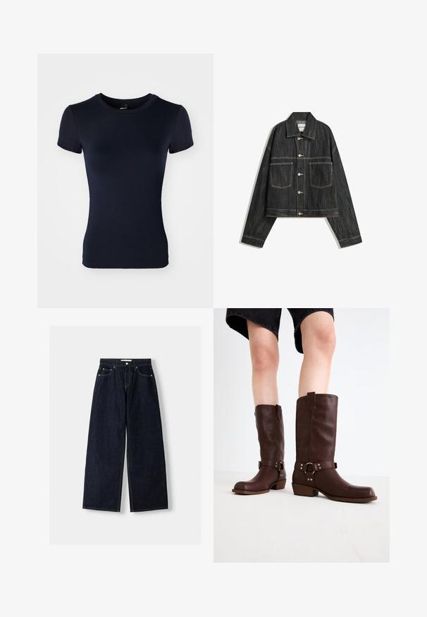 Black denim jacket with a cropped design, two front pockets, and gold-colored buttons. Features contrasting white stitching along seams.; Navy blue short-sleeve t-shirt made of smooth, stretchy fabric. Features a crew neckline and a fitted silhouette. No patterns or accents.; Dark blue denim wide-leg jeans with a high waist, five pockets, contrast stitching, and silver metal hardware. Smooth texture and clean finish.; Brown leather knee-high boots with a rounded toe, textured surface, ankle strap, and silver hardware detail; stacked heel.