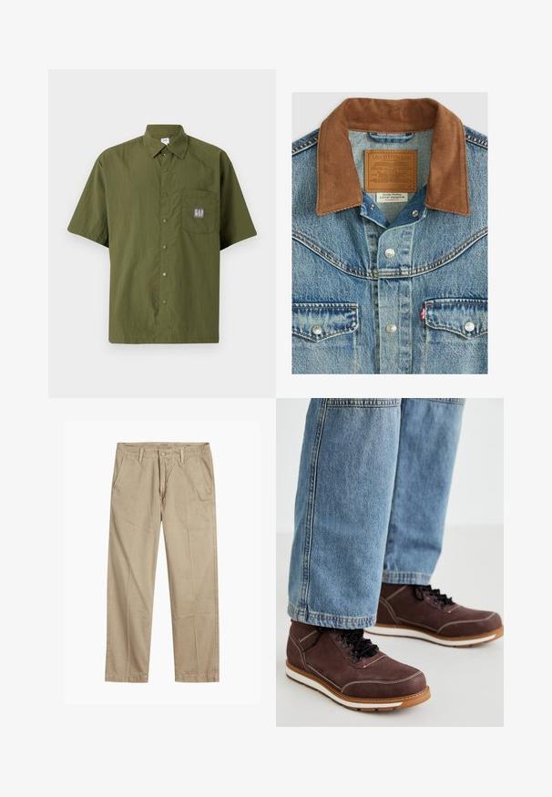 Levi's® Spijkerjas - off to parris trucke; Korte mouwen overhemd in olijfgroene stof met een button-down kraag, voorzien van een borstzak met een grijs GAP-logo patch.; Beige rechte pijpen chinos met riemlussen, voorkant met knoop en rits sluiting, en schuine voorzakken.; Bruine leren schoenen met zwarte veters, witte stiksels en een rubberen zool. Gecombineerd met lichtblauwe denim jeans, in een iets losse pasvorm.
