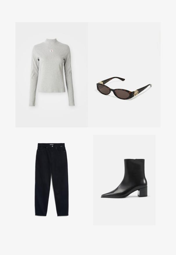 Zwarte pinstripes lange jas met een reverskraag, frontknopen en twee borstzakken. Heeft een rechte snit en een gestructureerd ontwerp.; Grijze gebreide cardigan met een kabelpatroon, voorzien van een ronde halslijn, knoopsluitingen en donkere knopen. Klein logo op de borst.; Grijze langemouwen coltrui van zachte stof, met een geribbelde textuur en een klein CK-logo in een witte vierkant op de borst.; Zwarte denim jeans met een rechte pijp, vijf zakken en een knoopsluiting. De stof heeft een gladde textuur en minimale zichtbare stiksels.; Zwarte leren enkellaars met een spitse neus, een soepele textuur en een middenblokhak. Minimalistisch ontwerp, ritssluiting aan de achterkant.; Schildpadbril met langwerpige ovale lenzen, bruine tint, gouden logo-accenten op de pootjes en slanke zwarte armen.