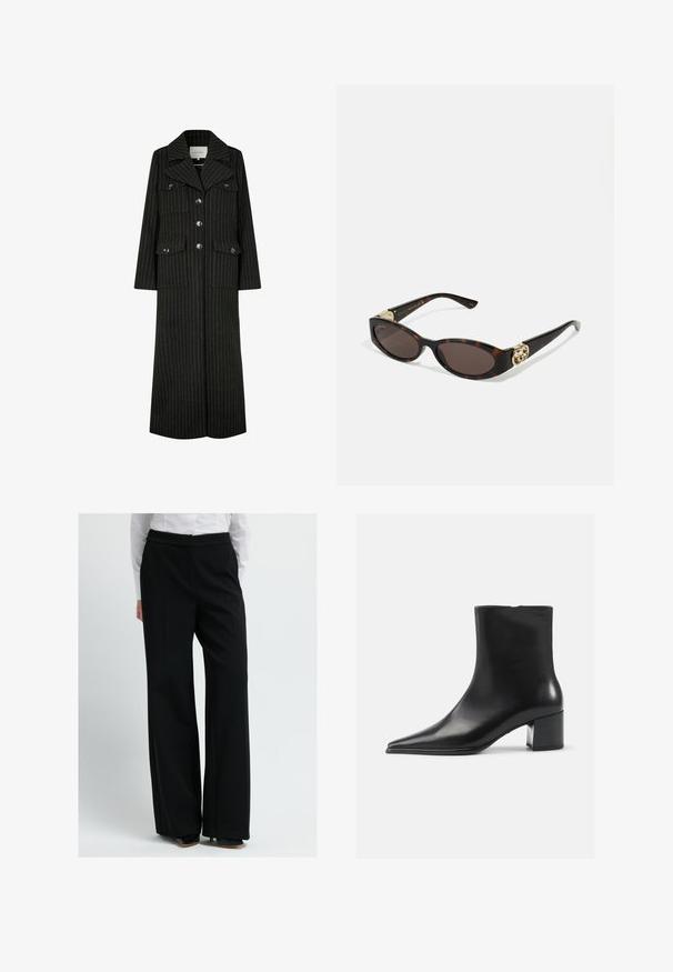 Schwarzer gestreifter langer Mantel mit Reverskragen, vorderem Knopfverschluss und zwei Brusttaschen. Verfügt über einen geraden Schnitt und eine strukturierte Gestaltung.; Grauer Strickcardigan mit Kabelmuster, runder Halslinie, Knopfverschlüssen und dunklen Knöpfen. Kleines Logo auf der Brust.; Weißes Baumwollhemd mit Knopfleiste, ausgestattet mit einer Brusttasche und kleinem gesticktem Logo. Lockerer Schnitt mit klassischem Kragen und langen Ärmeln.; Person in weiten schwarzen Hosen, weißem Hemd und schwarzen High Heels, vor einem schlichten hellen Hintergrund stehend.; Schwarze Lederschnürstiefelette mit spitzer Zehenform, glatter Textur und mittelhohem Blockabsatz. Minimalistisches Design, Reißverschluss hinten.; Schildpatt-Sonnenbrille mit länglich-ovalen Gläsern, braunem Farbton, goldenen Logo-Akzenten an den Bügeln und schlanken schwarzen Bügeln.