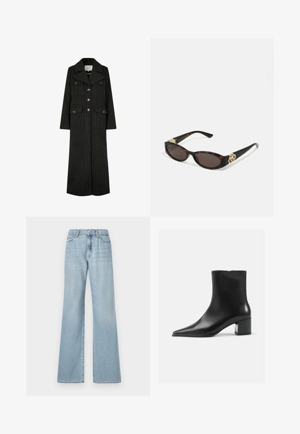 Črn dolg plašč s pinstripes vzorcem, z reverjem, sprednjimi gumbi in dvema žepoma na prsih. Ima ravno krojenje in strukturirano zasnovo.; Sivi pleteni kardigan z vzorcem kabla, s krožnim izrezom, gumbi za zapiranje in temnimi gumbi. Majhna oznaka na prsih.; Bela srajca na gumb iz bombaža, ki ima žep na prsih in majhen vezen logotip. Ohlapen kroj z klasičnim ovratnikom in dolgimi rokavi.; Svijetloplave široke traperice s visokim strukom, s prednjim džepovima i suptilnim izblijedjelim dijelovima po tkanini.; Črne usnjene gležnjarje s poudavljenim nosom, gladko teksturo in srednjim blokastim petom. Minimalistična zasnova, zadrga na hrbtni strani.; Kornjačaste sunčane naočale s izduženim ovalnim lećama, smeškim tonovima, zlatnim logotipom na drškama i elegantnim crnim rukohvatima.