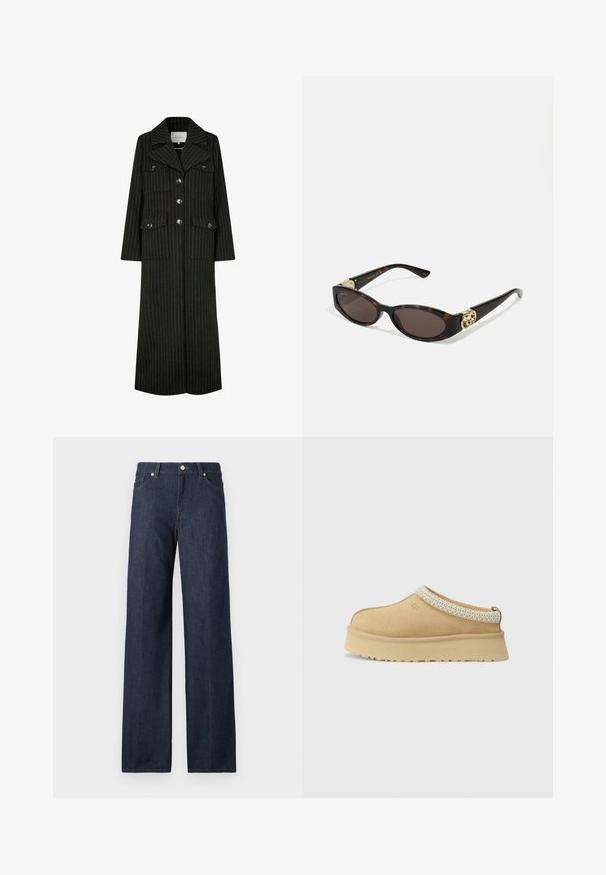 Mustassa raidoitetussa pitkässä takissa on läppäkaulus, edessä nappisulku ja kaksi rintataskua. Takissa on suora leikkaus ja voimakkaasti muotoiltu design.; Harmaa neulekartta, jossa on kaapelikuosi, pyöreä pääntie, napitus ja tummat napit. Pieni logo rinnassa.; Valkoinen napiton kauluspaita, joka on valmistettu puuvillasta. Paidassa on rintatasku ja pieni brodeerattu logo. Irtonainen malli, klassinen kaulusk design ja pitkät hihat.; Tummansiniset leveät farkut, joissa on korkea vyötärö, vyölenkit ja klassinen viiden taskun muotoilu. Liukas pinta, jossa on hienovaraista haalistumista.; Vaaleanruskeat mokka-slip-on-kengät, joissa on pehmustettu kaulus ja teksturoitu vaaleansininen yksityiskohta. Ominaisuuksiin kuuluu paksu, kestävä pohja, jossa on kuvioitu kulutuspinta.; Silmärilakkiset tortoiseshell-aurinkolasit, joissa on pitkänomaiset ovaalit linssit, ruskea sävy, kultaiset logo-koristeet temppeleissä ja sulavalinjaiset mustat varret.