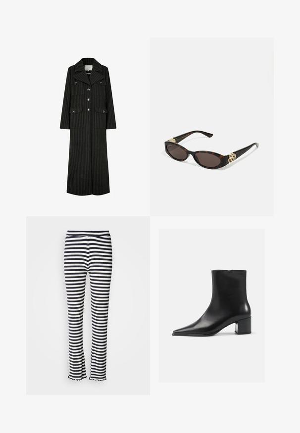 Czarny płaszcz w paski z długimi rękawami, z kołnierzem z klapami, przednimi guzikami oraz dwiema kieszeniami na piersi. Ma prosty krój i zorganizowany design.; Szary dziany kardigan z wzorem w warkocze, posiadający okrągły dekolt, zapięcie na guziki i ciemne guziki. Mały logo na piersi.; Biała koszula z długim rękawem, wykonana z bawełny, z kieszonką na piersi i małym haftowanym logo. Luźny fason z klasycznym kołnierzykiem.; Spodnie w prążki z żebrowanej tkaniny w granatowo-białym wzorze, z rozszerzanym dołem i elastycznym pasem. Tekstura jest gładka, a fason dopasowany.; Czarne skórzane botki za kostkę z wydłużonym noskiem, gładką fakturą i średnim obcasem w kształcie słupka. Minimalistyczny design, zamek błyskawiczny z tyłu.; Słoneczne okulary w kolorze żółwi z wydłużonymi owalnymi soczewkami, brązowym odcieniem, złotymi akcentami logo na zausznikach oraz smukłymi czarnymi ramionami.